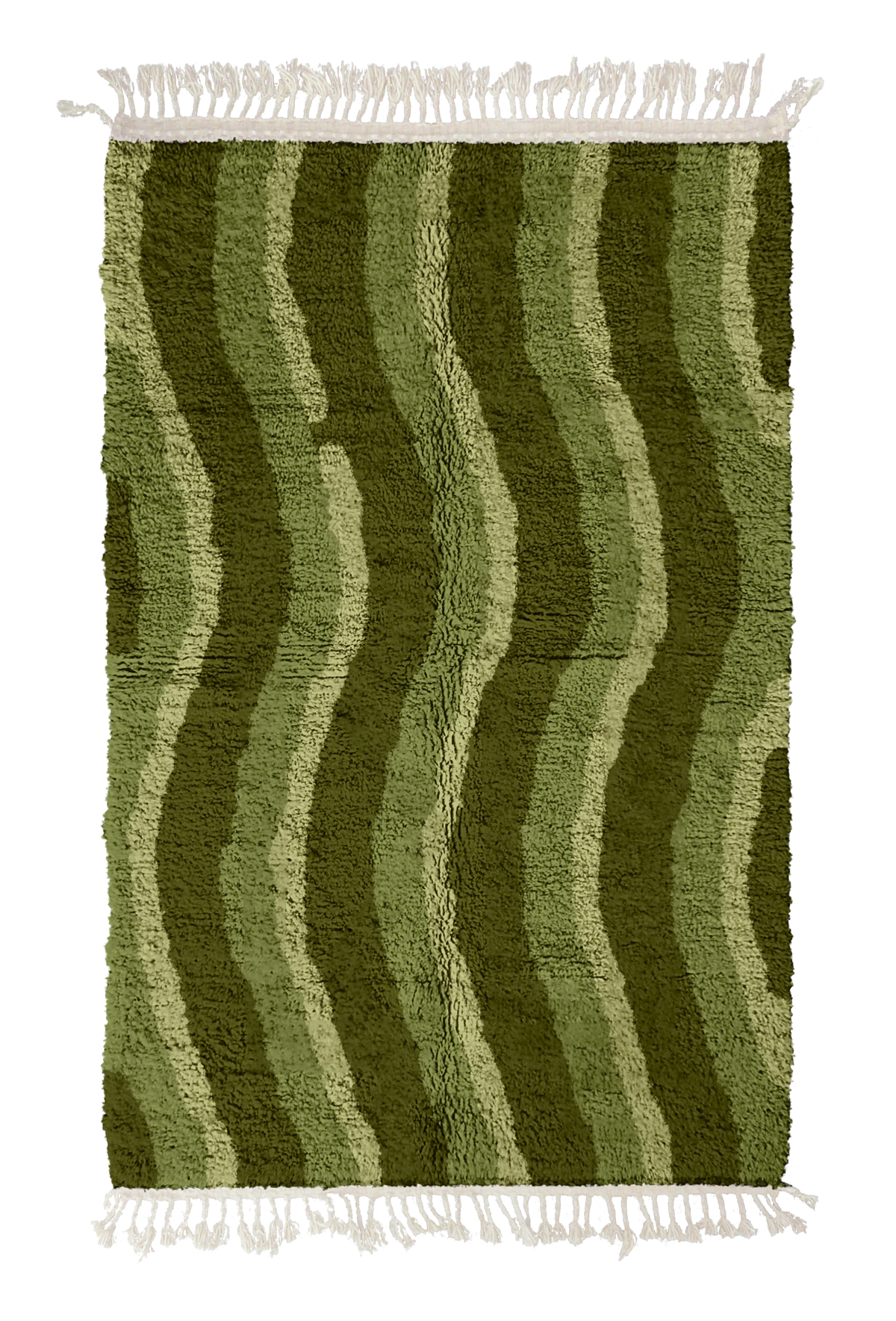 Current Tide wavy wool rug, moss green waves and sage olive lines on olive green, full view