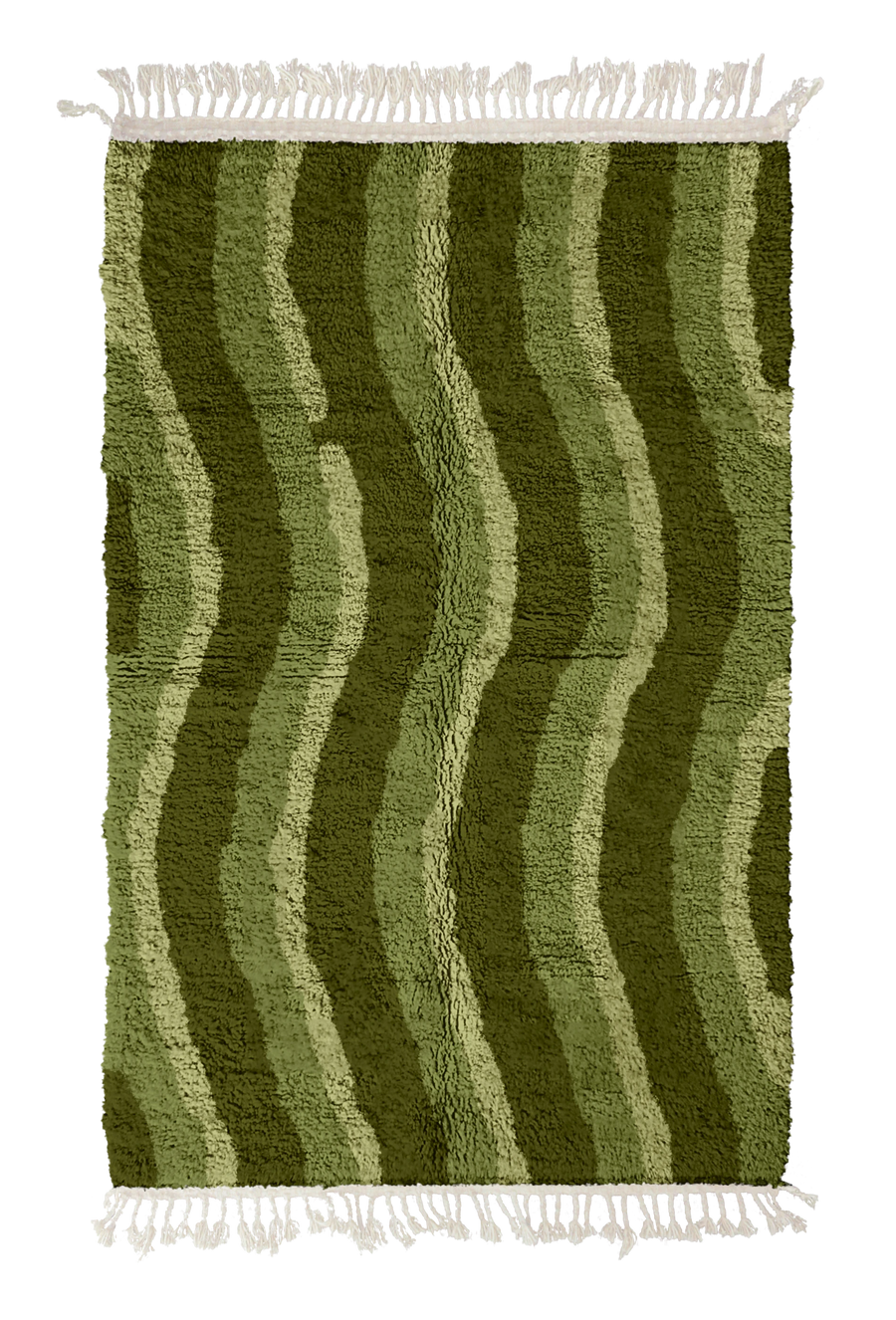 Current Tide wavy wool rug, moss green waves and sage olive lines on olive green, full view