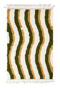 Load image into Gallery viewer, Current Tide wavy wool rug, olive green waves and ochre yellow lines on cream, full view
