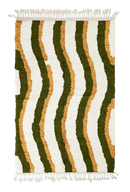 Current Tide wavy wool rug, olive green waves and ochre yellow lines on cream, full view