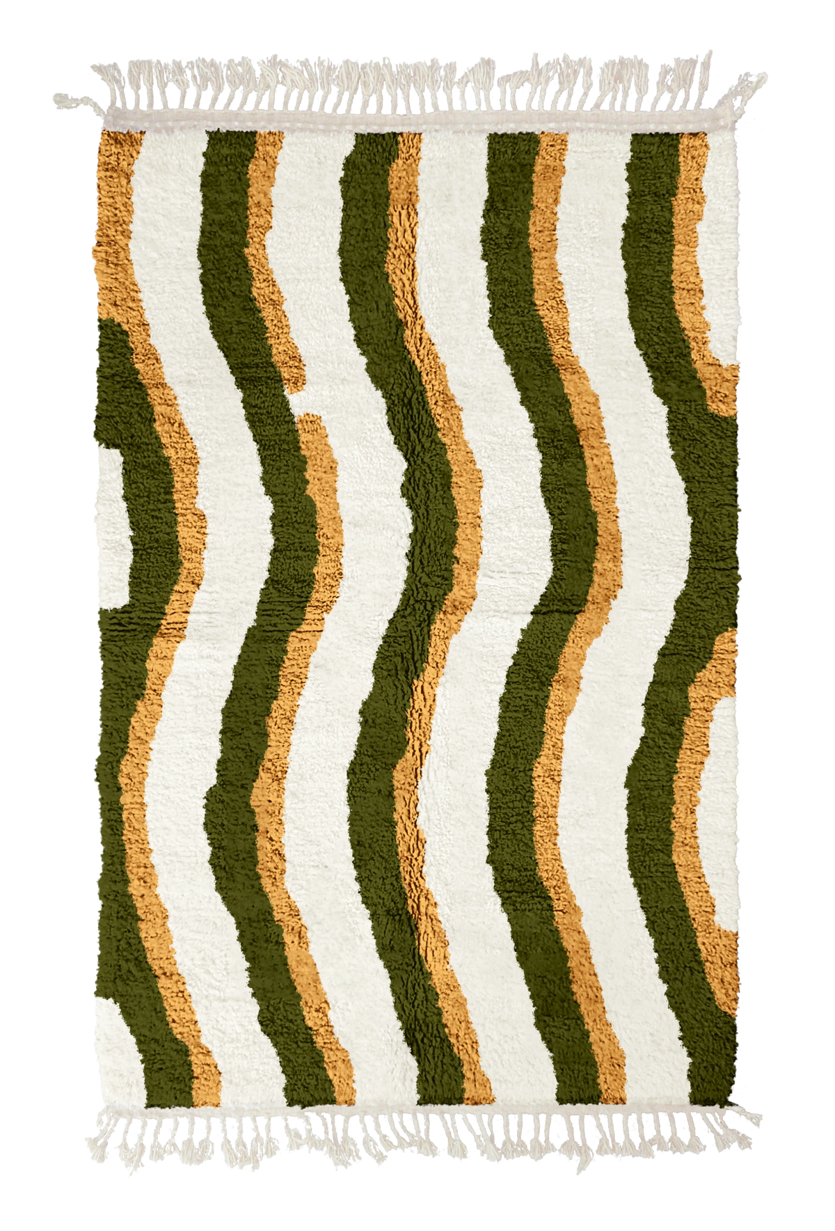 Current Tide wavy wool rug, olive green waves and ochre yellow lines on cream, full view
