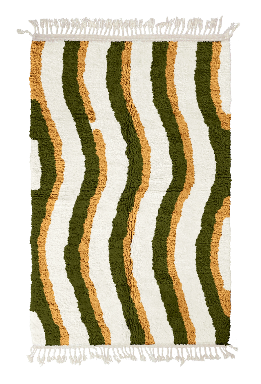 Current Tide wavy wool rug, olive green waves and ochre yellow lines on cream, full view