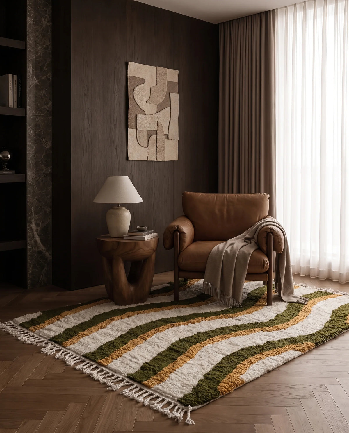 Olive Green, Ochre Yellow and Cream wavy wool rug in a furnished room