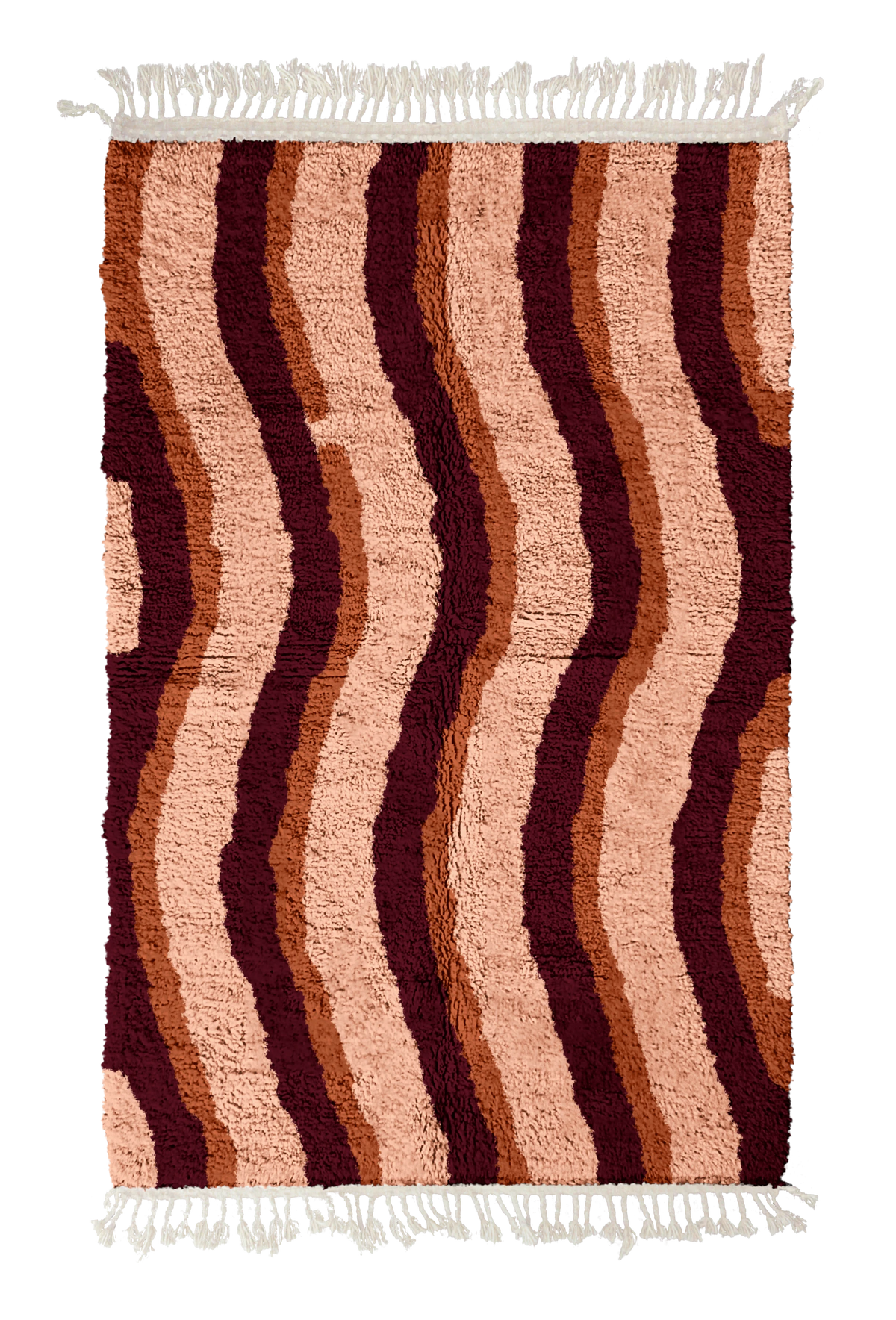 Current Tide wavy wool rug, oxblood red waves and terracotta lines on blush pink, full view