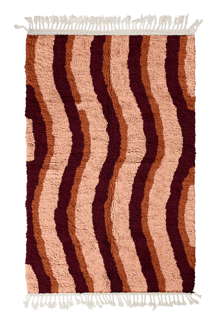Current Tide wavy wool rug, oxblood red waves and terracotta lines on blush pink, full view
