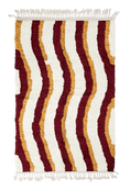Load image into Gallery viewer, Current Tide wavy wool rug, burgundy waves and ochre yellow lines on cream, full view
