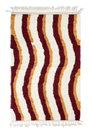 Current Tide wavy wool rug, burgundy waves and ochre yellow lines on cream, full view