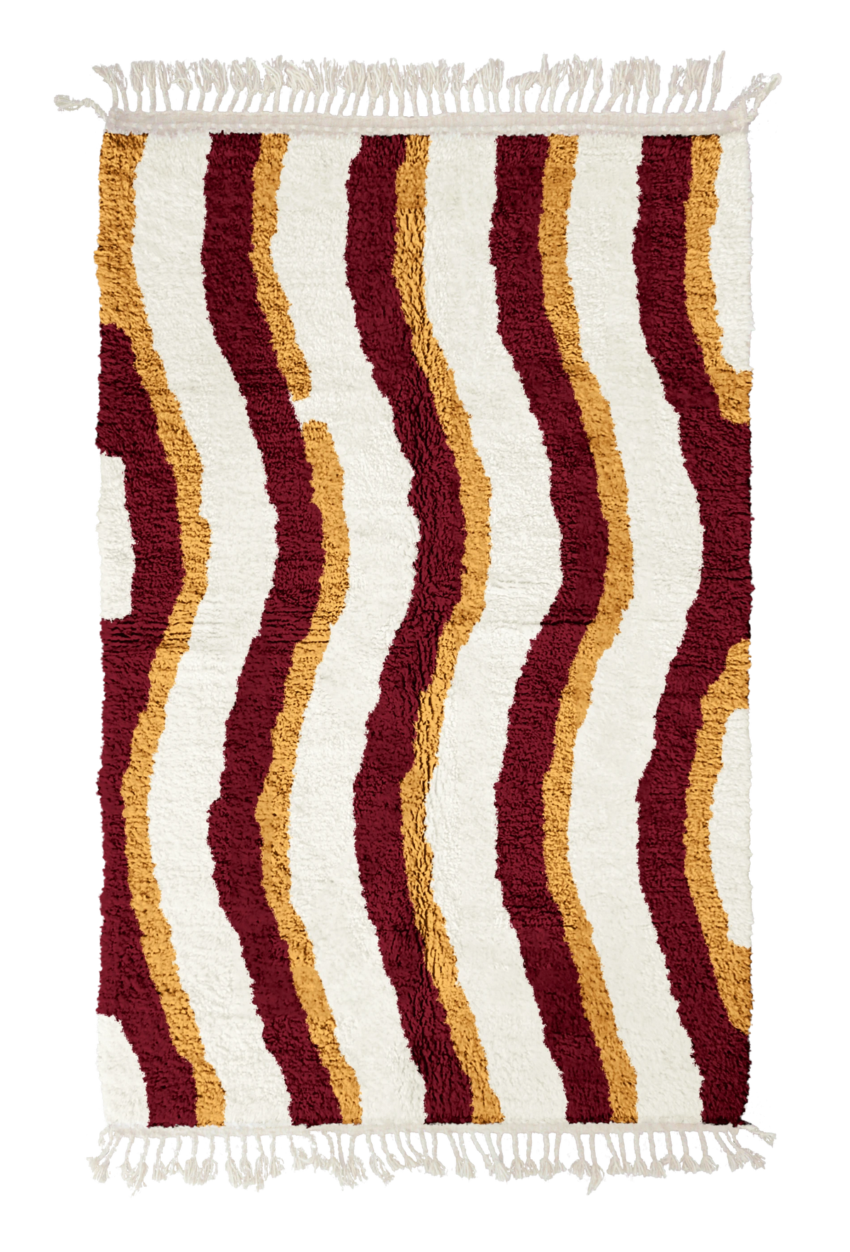 Current Tide wavy wool rug, burgundy waves and ochre yellow lines on cream, full view
