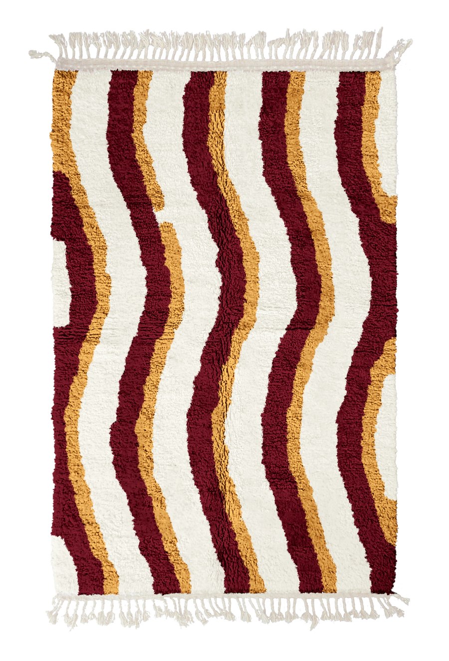 Current Tide wavy wool rug, burgundy waves and ochre yellow lines on cream, full view