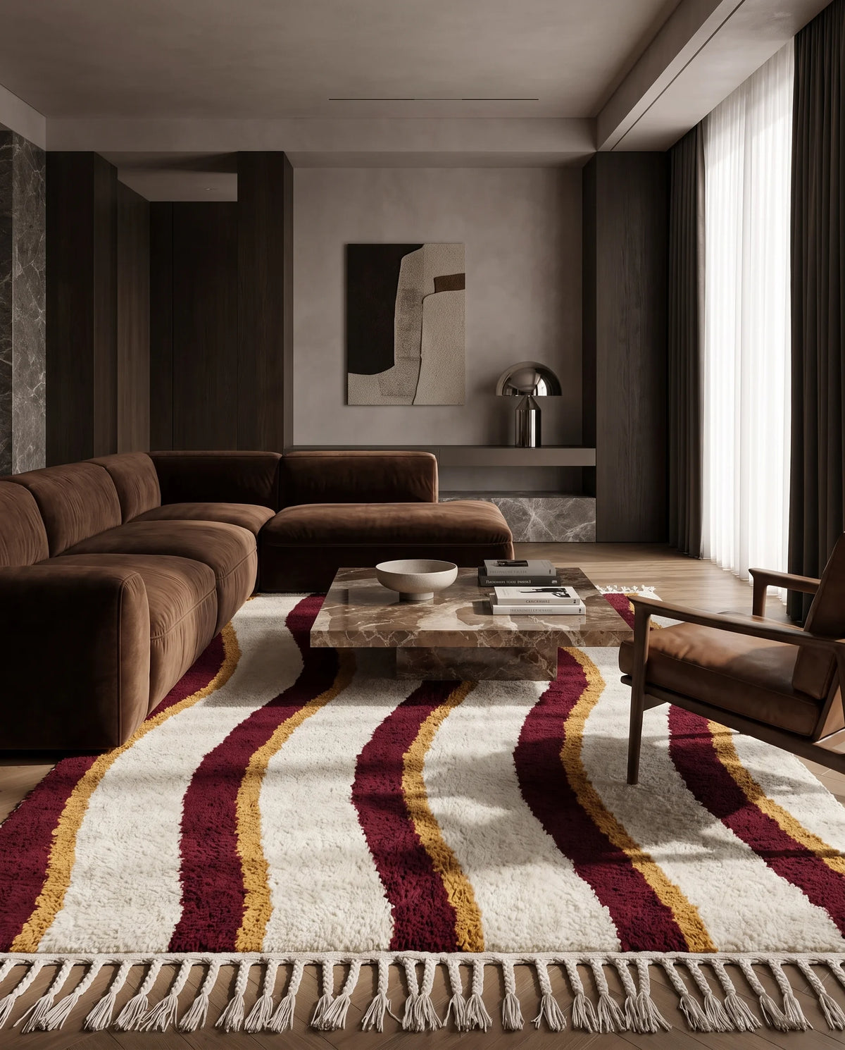 Burgundy, Ochre Yellow and Cream wavy wool rug in a furnished room