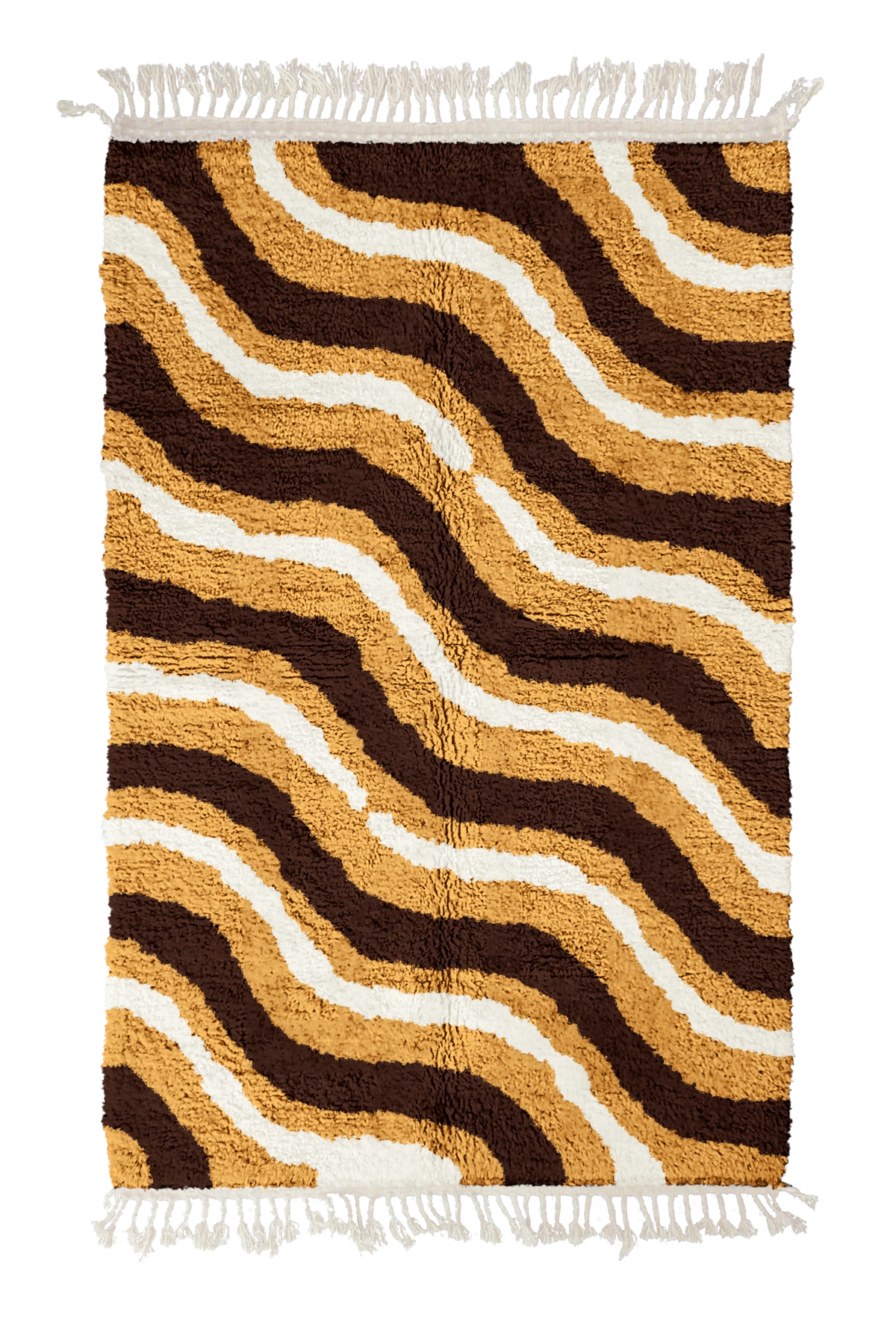 Drift Tide wavy wool rug, dark brown waves and cream lines on ochre yellow, full view