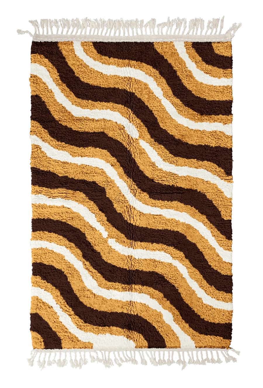 Drift Tide wavy wool rug, dark brown waves and cream lines on ochre yellow, full view
