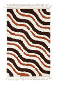 Load image into Gallery viewer, Drift Tide wavy wool rug, dark brown waves and terracotta lines on cream, full view
