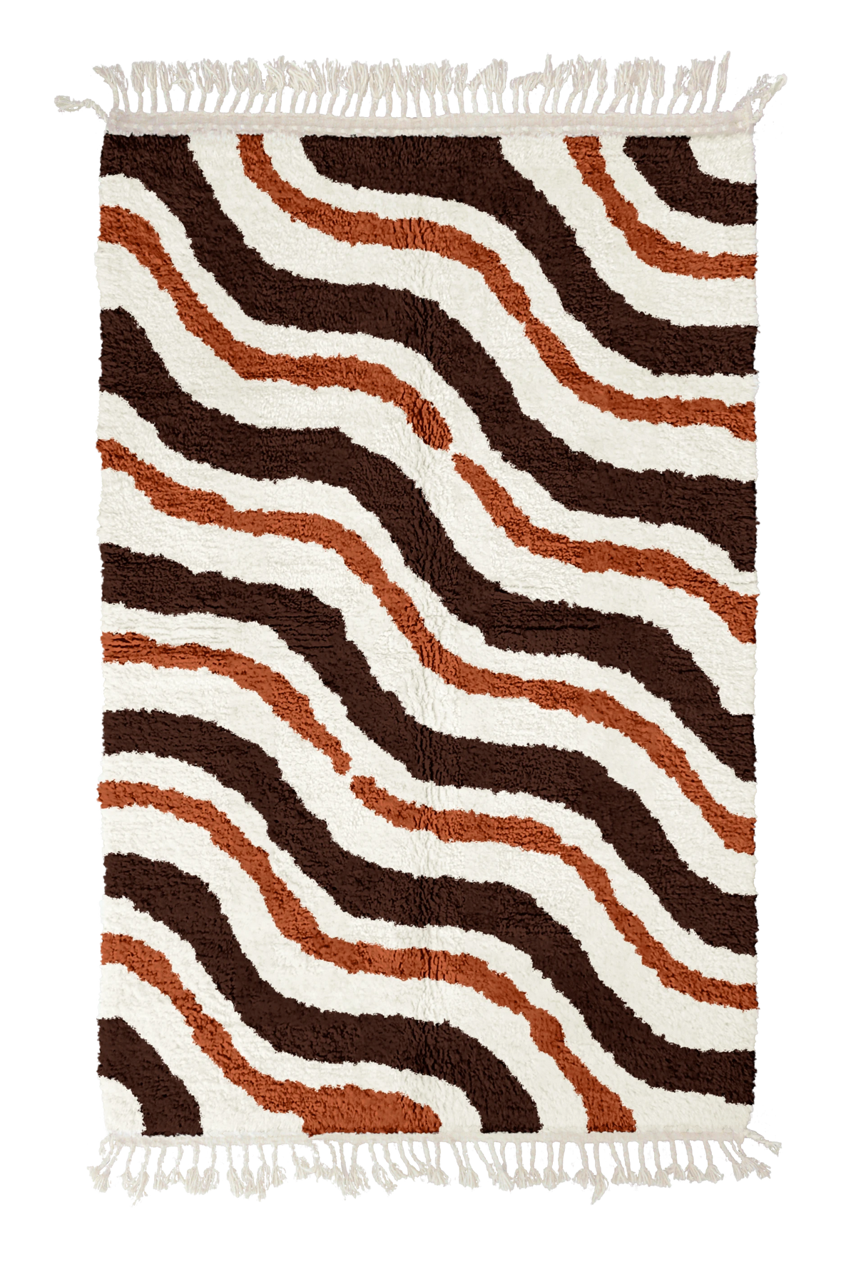 Drift Tide wavy wool rug, dark brown waves and terracotta lines on cream, full view