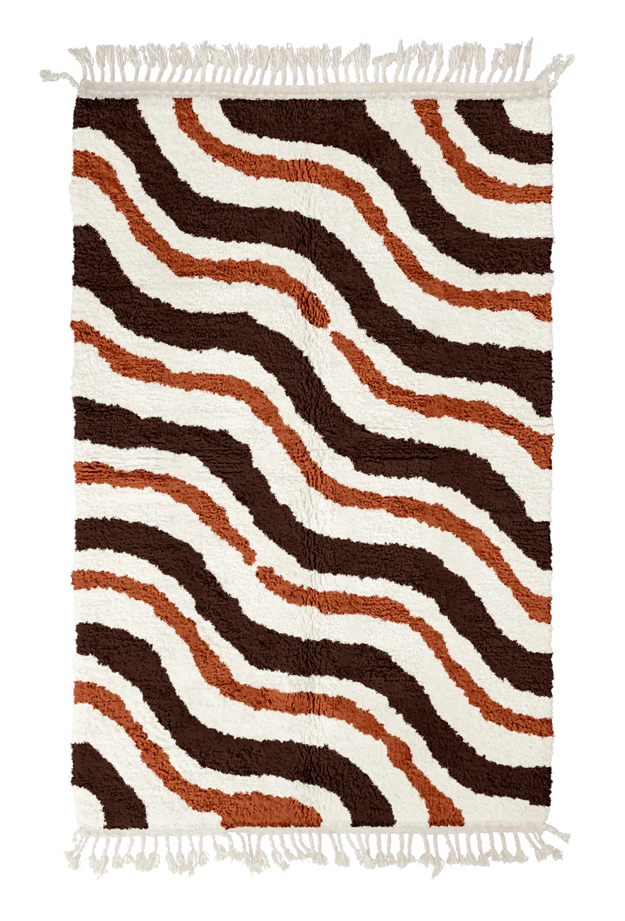Drift Tide wavy wool rug, dark brown waves and terracotta lines on cream, full view