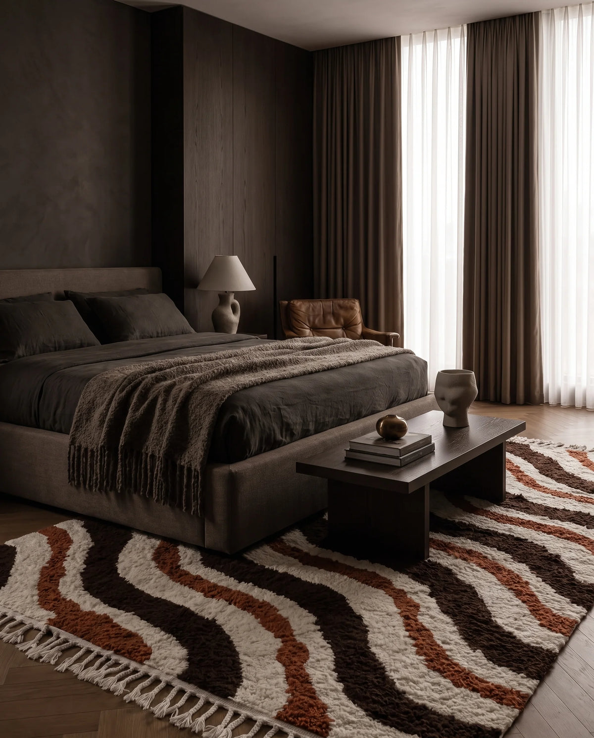 Brown, Terracotta and Cream wavy wool rug in a furnished room