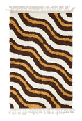 Load image into Gallery viewer, Drift Tide wavy wool rug, cream waves and ochre yellow lines on dark espresso brown, full view
