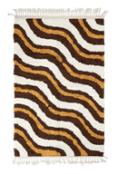 Drift Tide wavy wool rug, cream waves and ochre yellow lines on dark espresso brown, full view