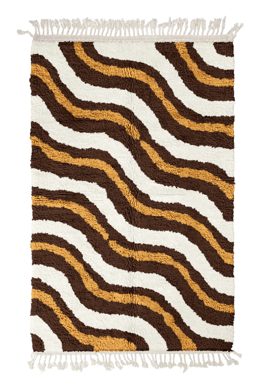 Drift Tide wavy wool rug, cream waves and ochre yellow lines on dark espresso brown, full view