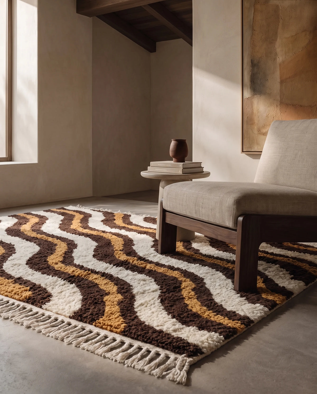 Cream, Ochre Yellow and Dark Brown wavy wool rug in a furnished room