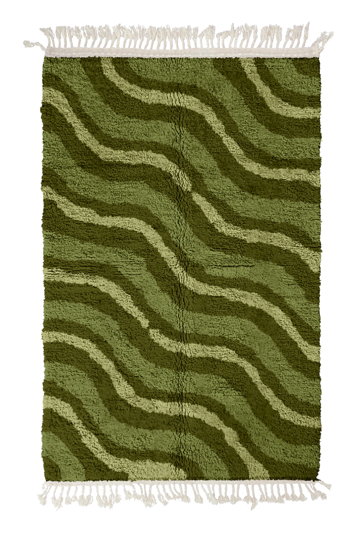 Drift Tide wavy wool rug, moss green waves and sage olive lines on olive green, full view