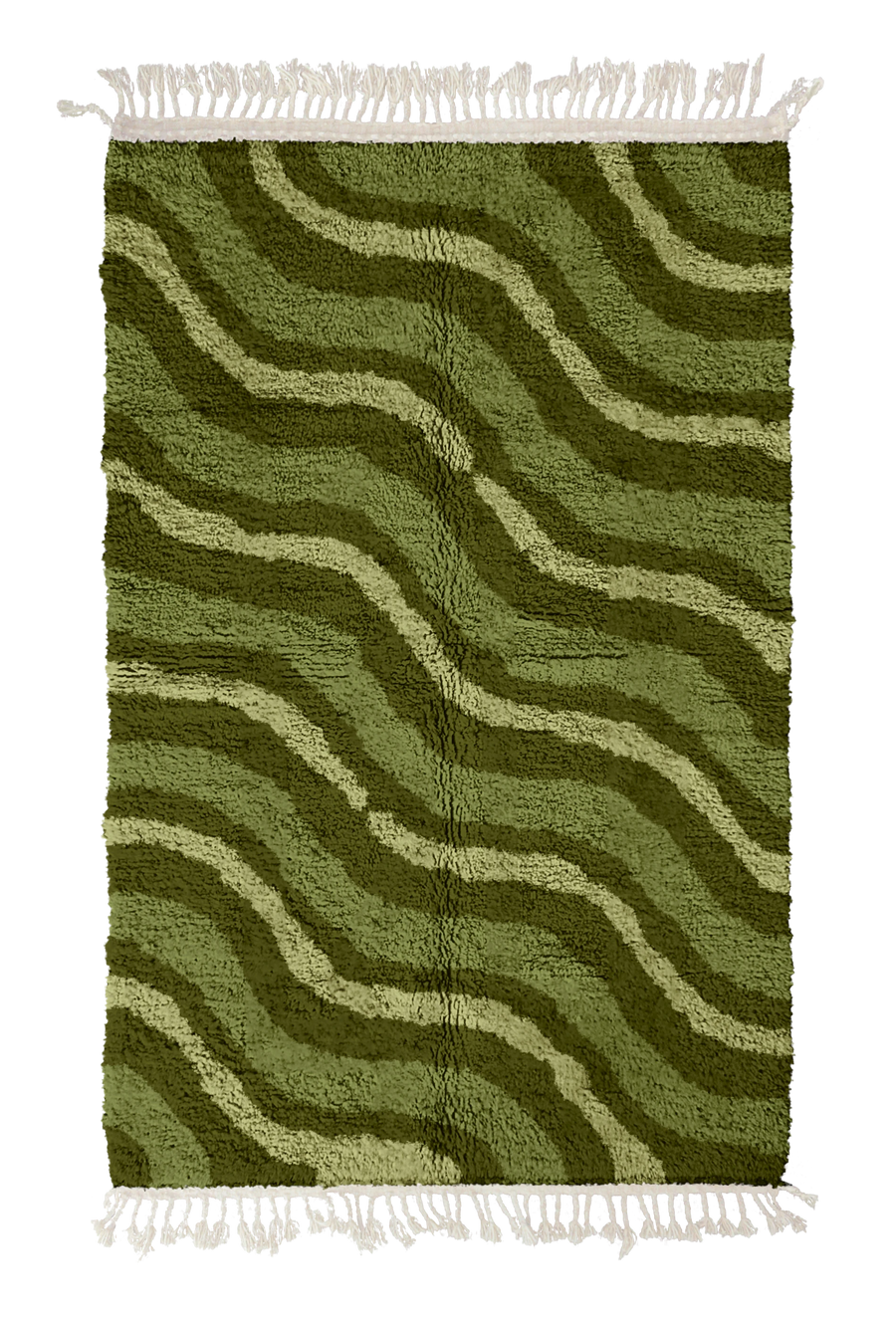 Drift Tide wavy wool rug, moss green waves and sage olive lines on olive green, full view