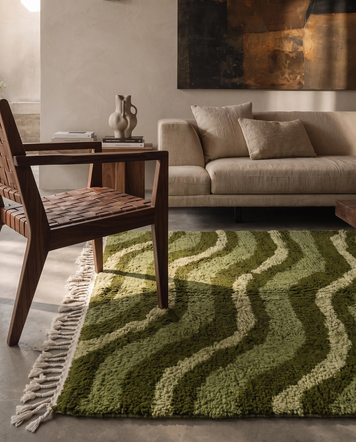 Moss, Sage and Olive Green wavy wool rug in a furnished room