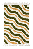 Load image into Gallery viewer, Drift Tide wavy wool rug, olive green waves and ochre yellow lines on cream, full view
