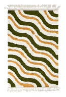 Drift Tide wavy wool rug, olive green waves and ochre yellow lines on cream, full view