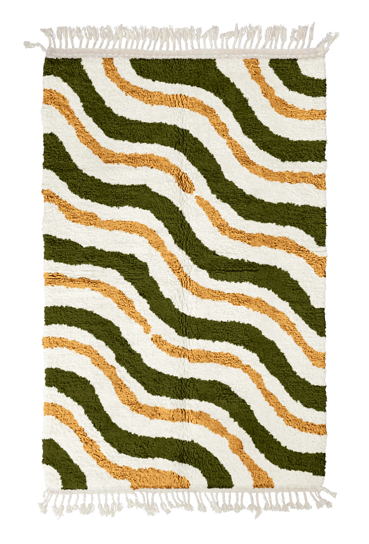 Drift Tide wavy wool rug, olive green waves and ochre yellow lines on cream, full view
