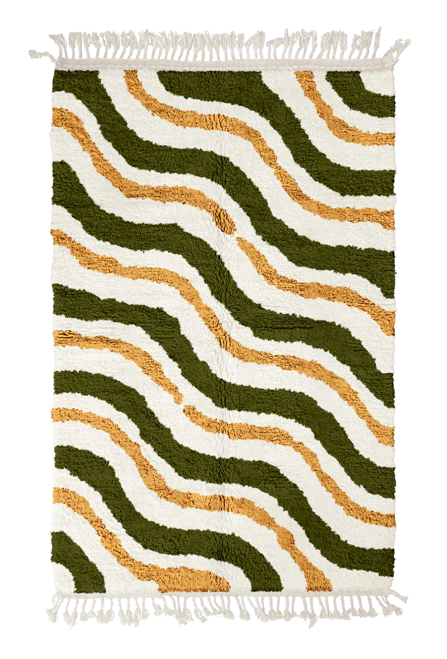 Drift Tide wavy wool rug, olive green waves and ochre yellow lines on cream, full view