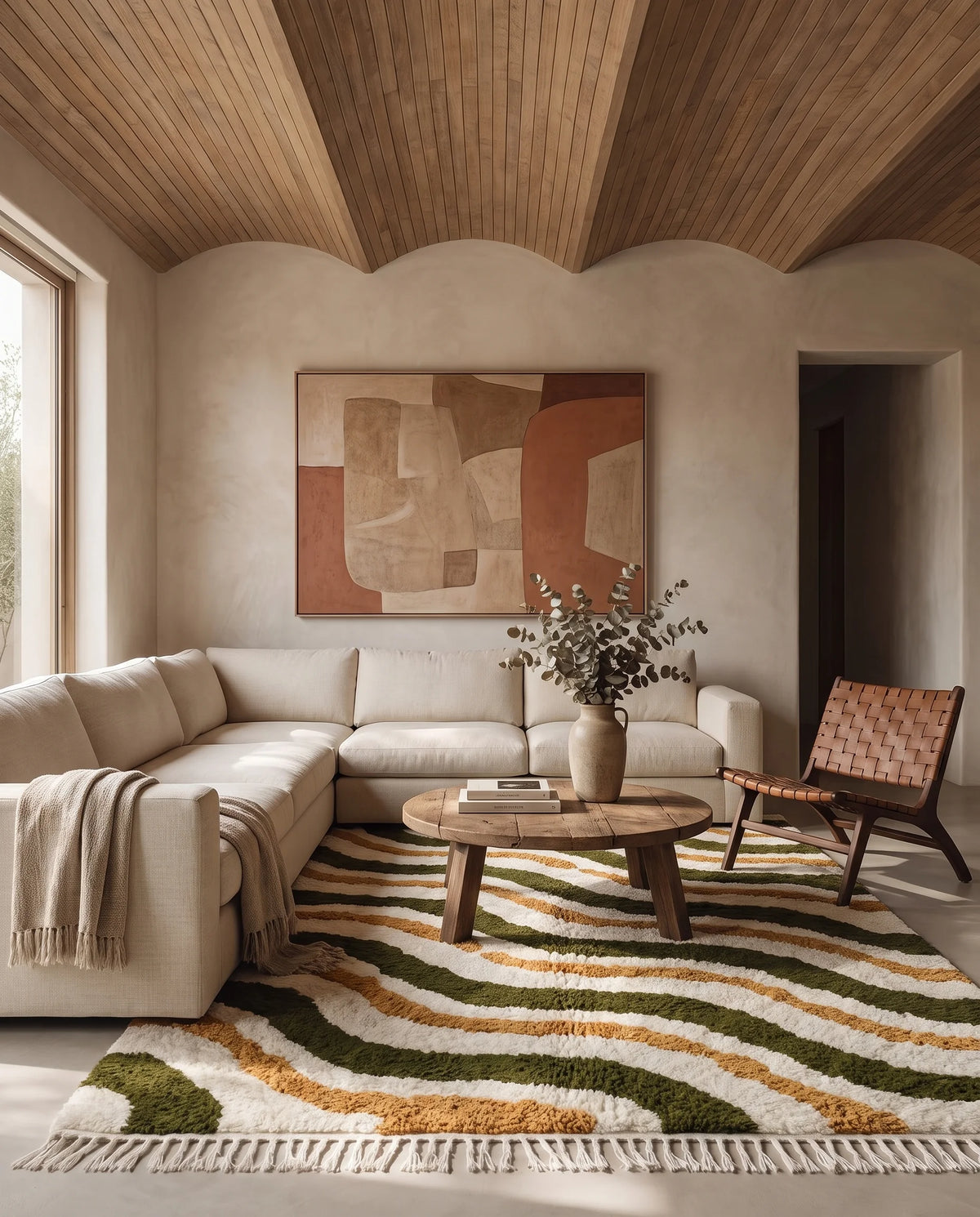 Olive Green, Ochre Yellow and Cream wavy wool rug in a furnished room