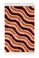 Drift Tide wavy wool rug, oxblood red waves and terracotta lines on blush pink, full view