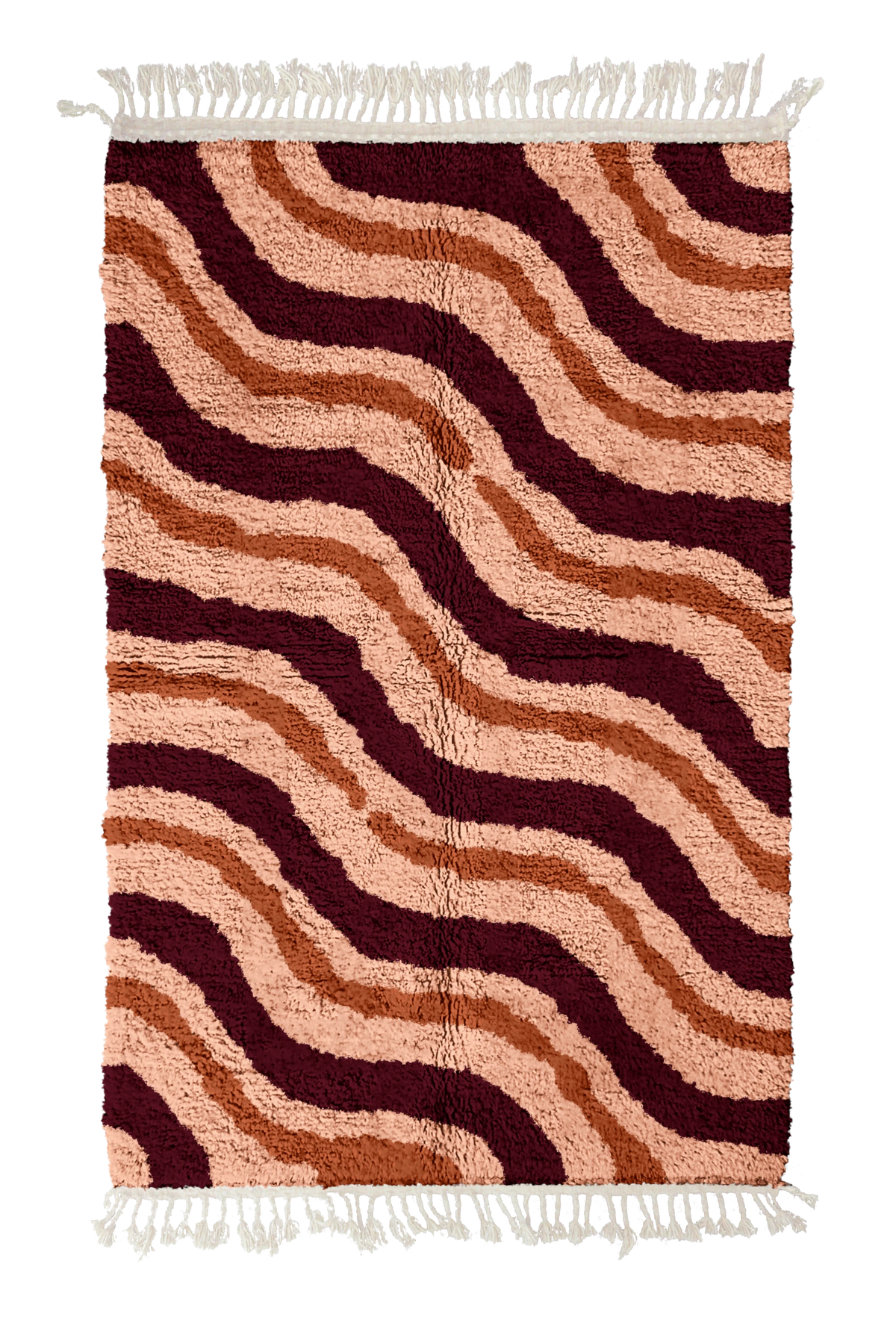 Drift Tide wavy wool rug, oxblood red waves and terracotta lines on blush pink, full view