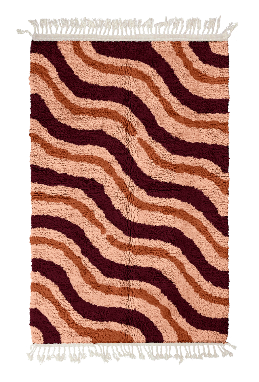 Drift Tide wavy wool rug, oxblood red waves and terracotta lines on blush pink, full view