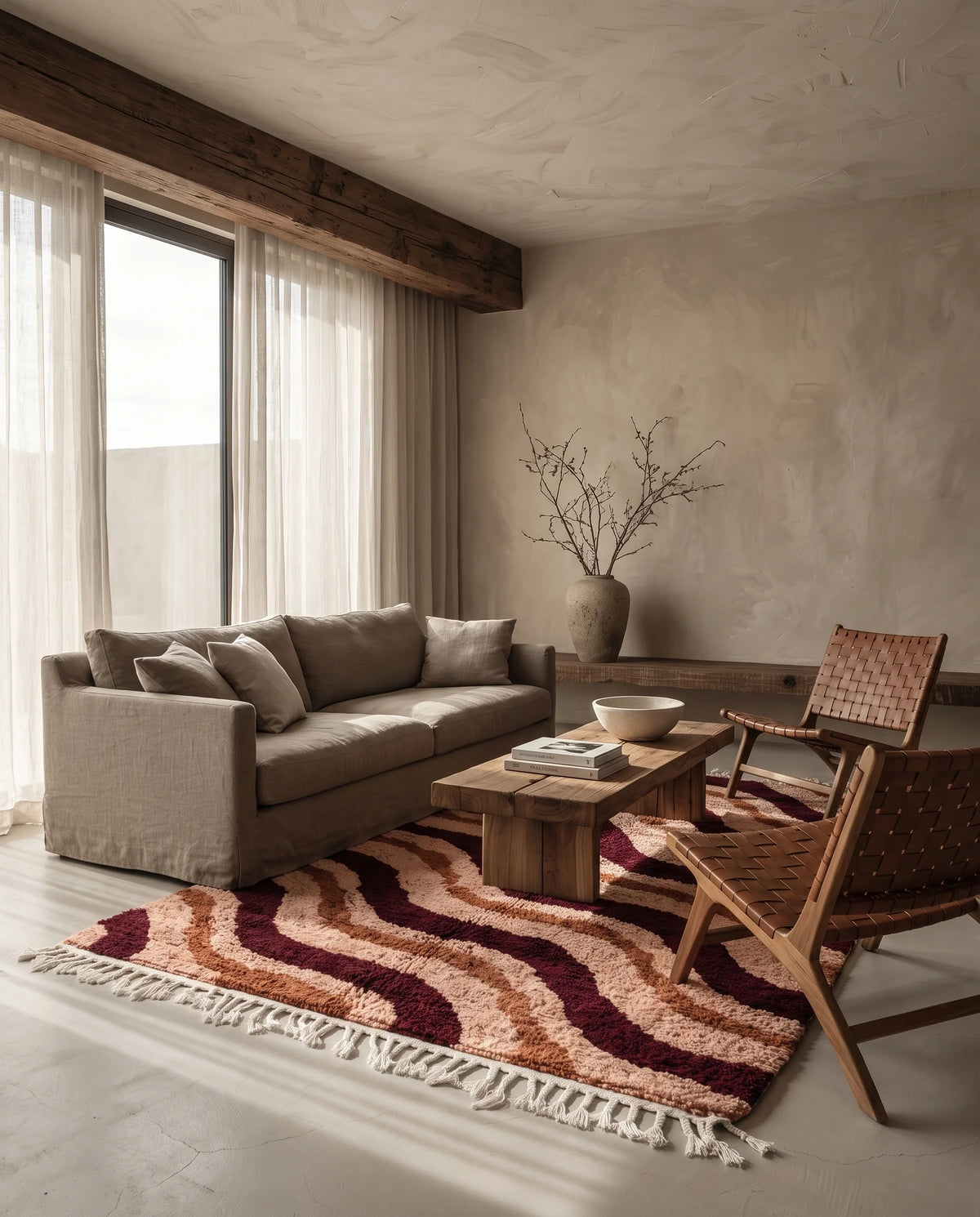 Burgundy, Terracotta and Blush Pink wavy wool rug in a furnished room