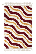 Load image into Gallery viewer, Drift Tide wavy wool rug, burgundy waves and ochre yellow lines on cream, full view
