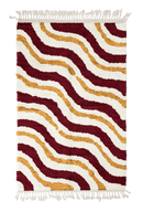 Drift Tide wavy wool rug, burgundy waves and ochre yellow lines on cream, full view