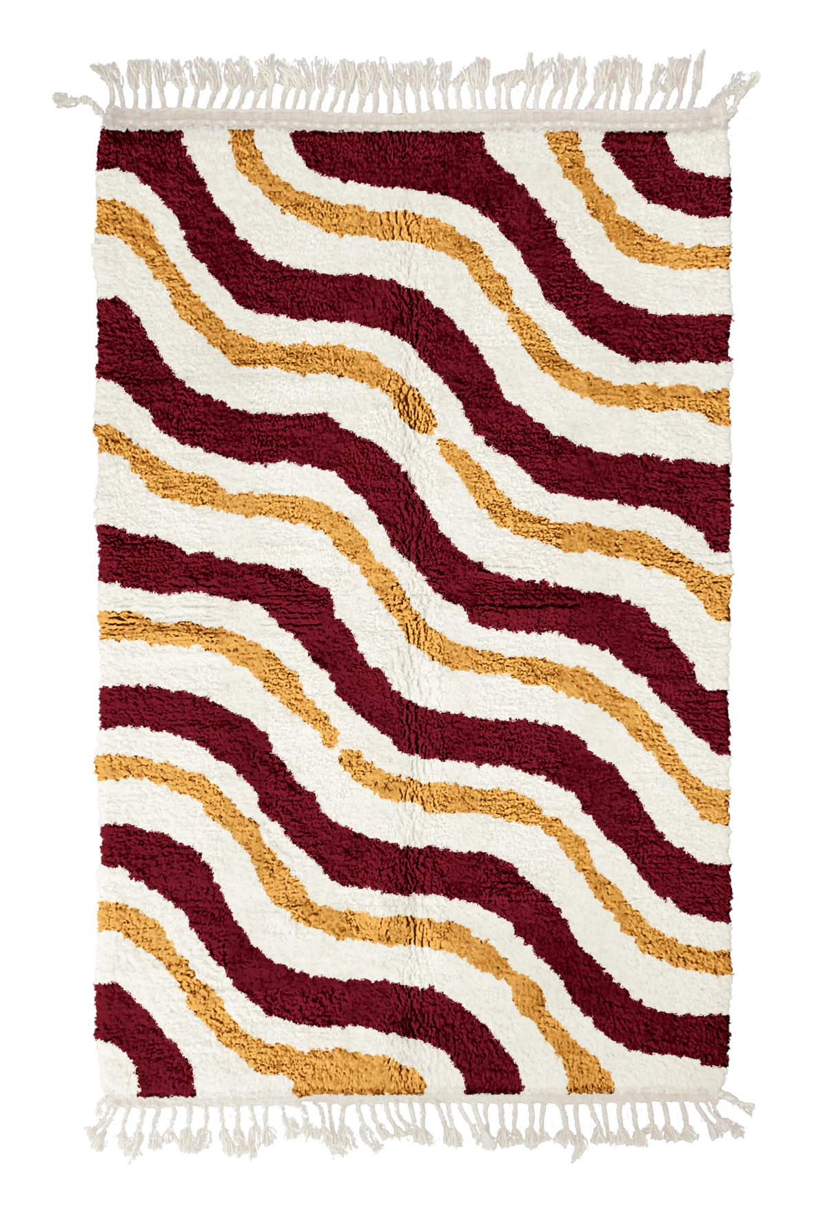 Drift Tide wavy wool rug, burgundy waves and ochre yellow lines on cream, full view