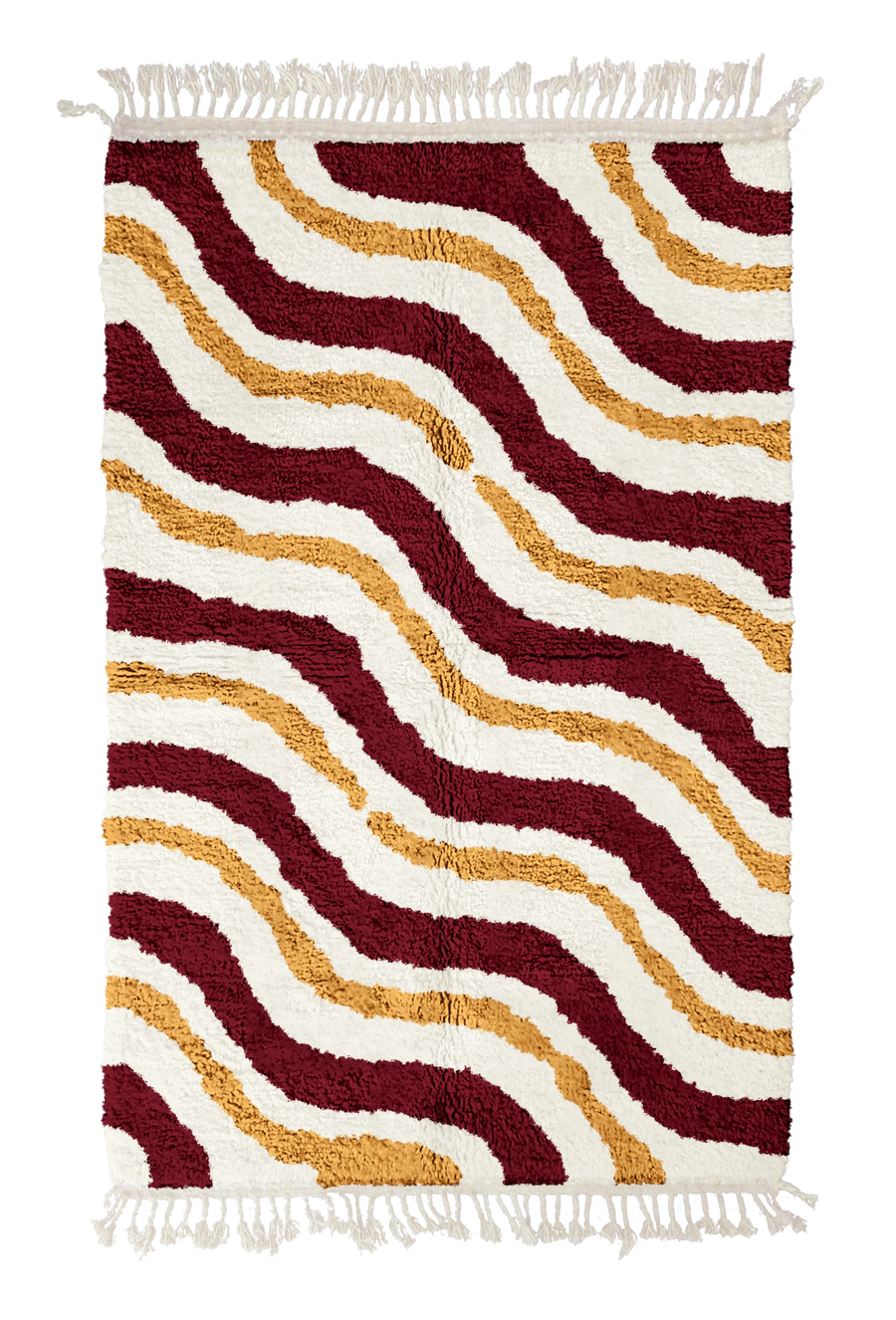 Drift Tide wavy wool rug, burgundy waves and ochre yellow lines on cream, full view