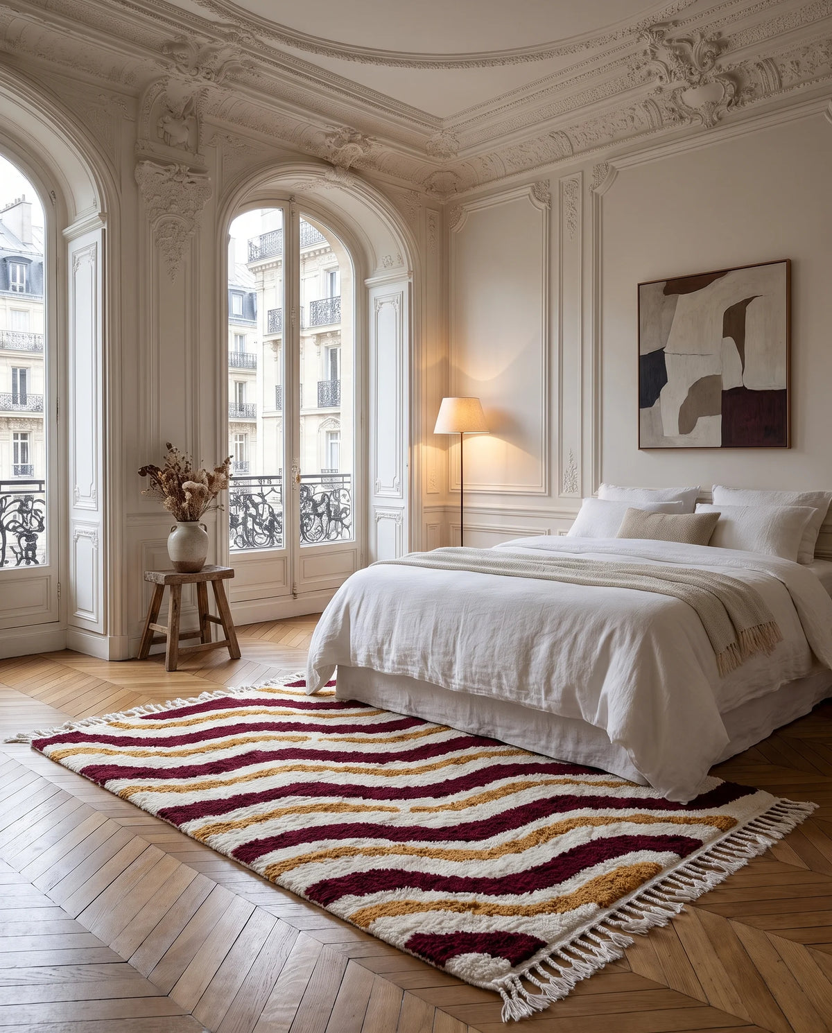 Burgundy, Ochre Yellow and Cream wavy wool rug in a furnished room