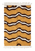 Load image into Gallery viewer, Twin Tide wavy wool rug, dark brown waves and cream lines on ochre yellow, full view

