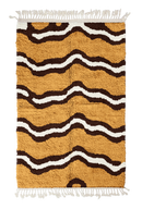 Twin Tide wavy wool rug, dark brown waves and cream lines on ochre yellow, full view