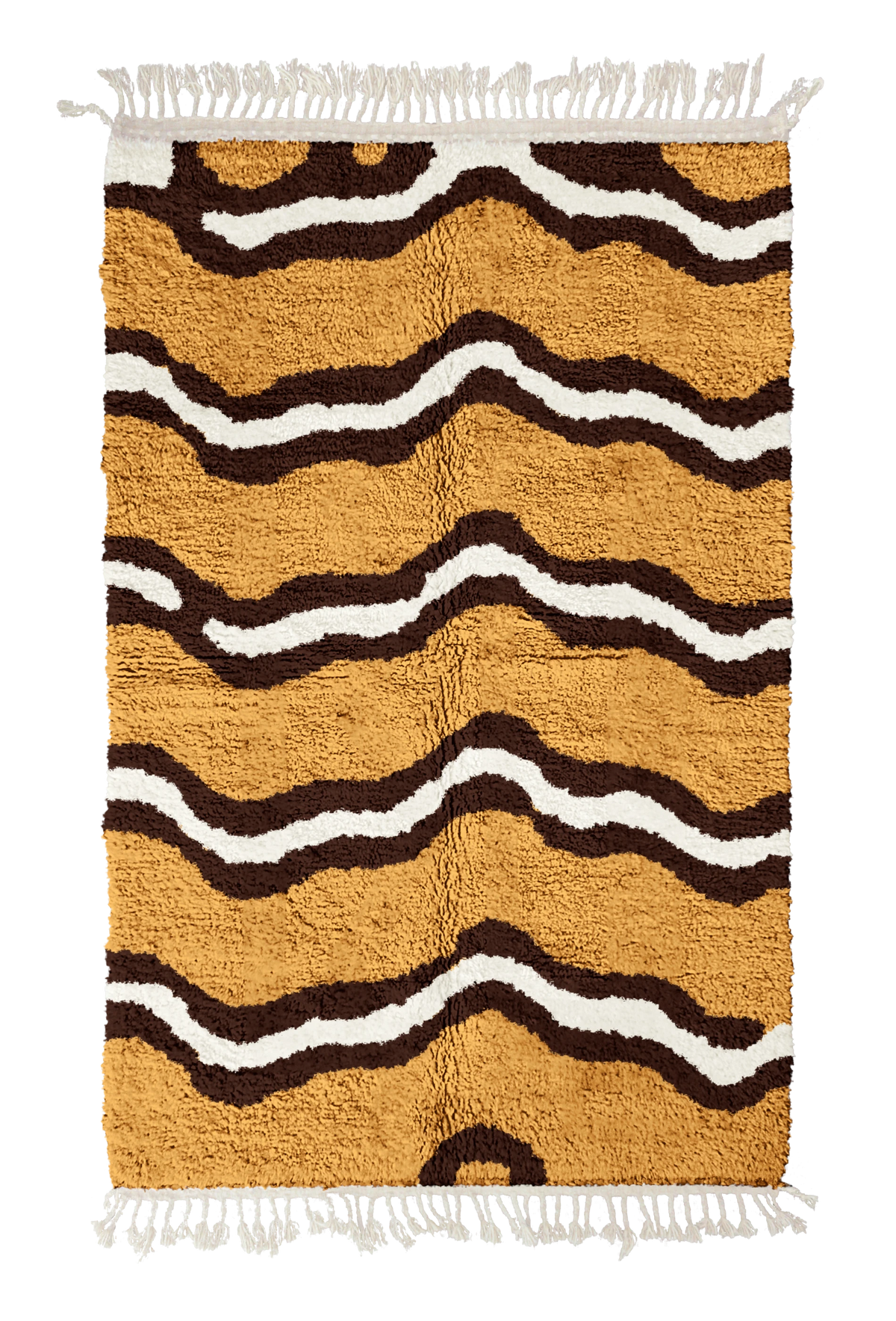 Twin Tide wavy wool rug, dark brown waves and cream lines on ochre yellow, full view
