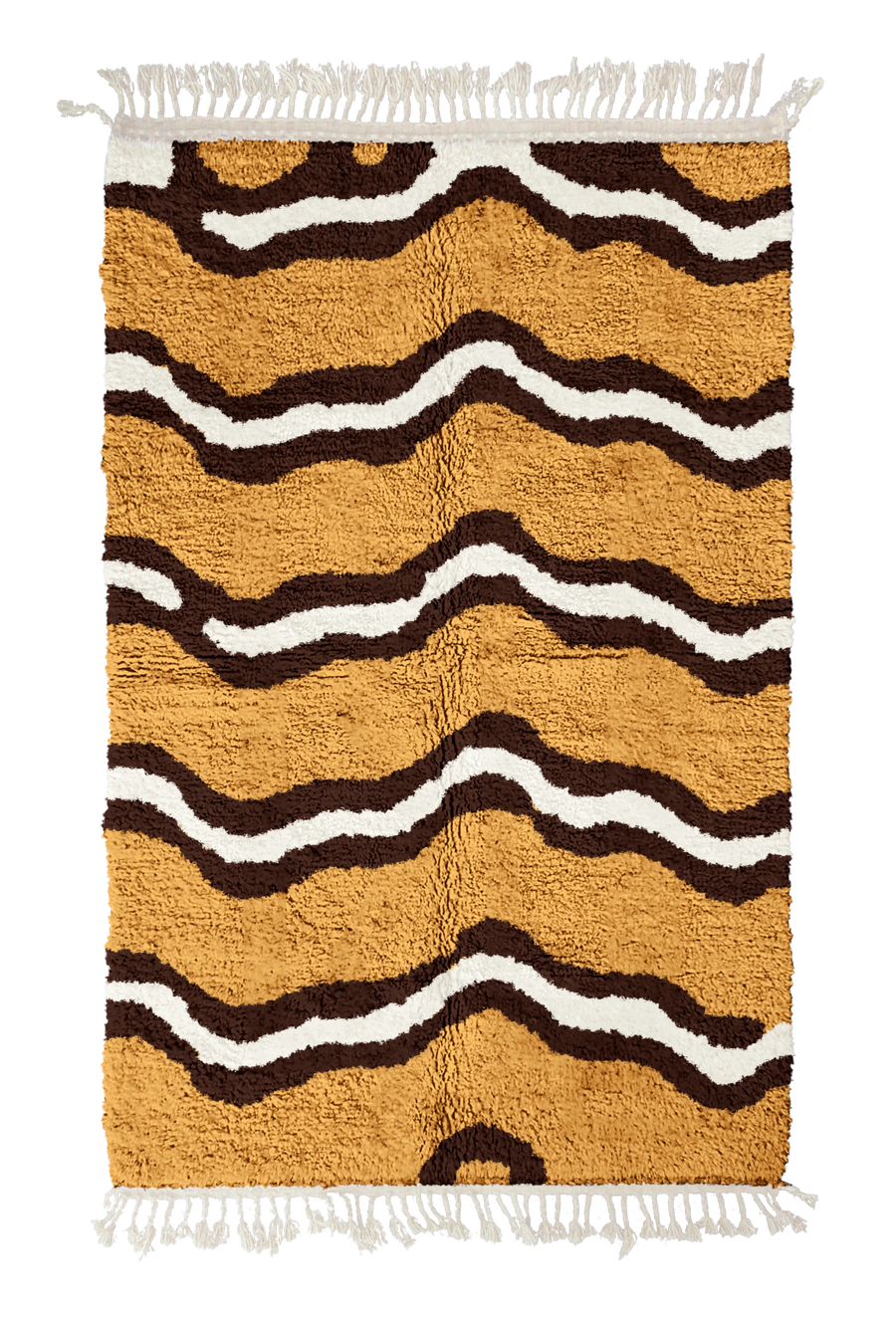 Twin Tide wavy wool rug, dark brown waves and cream lines on ochre yellow, full view