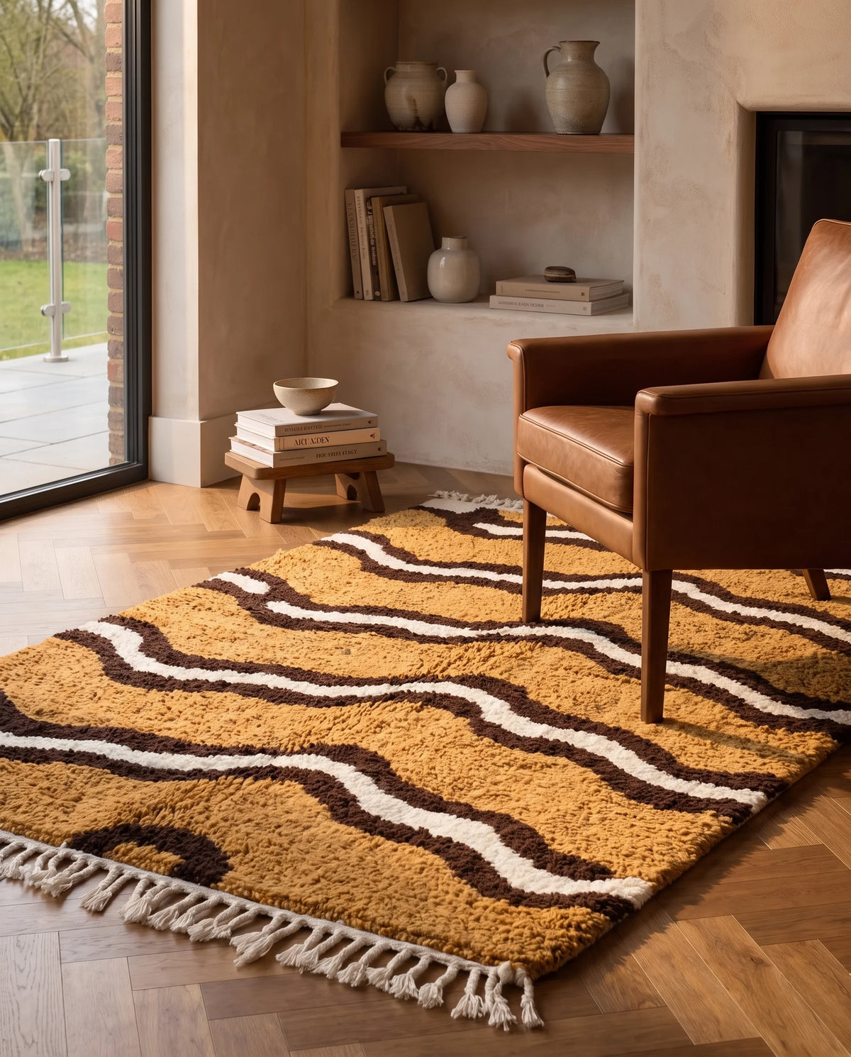 Brown, Cream and Ochre Yellow wavy wool rug in a furnished room