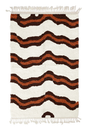 Twin Tide wavy wool rug, dark brown waves and terracotta lines on cream, full view