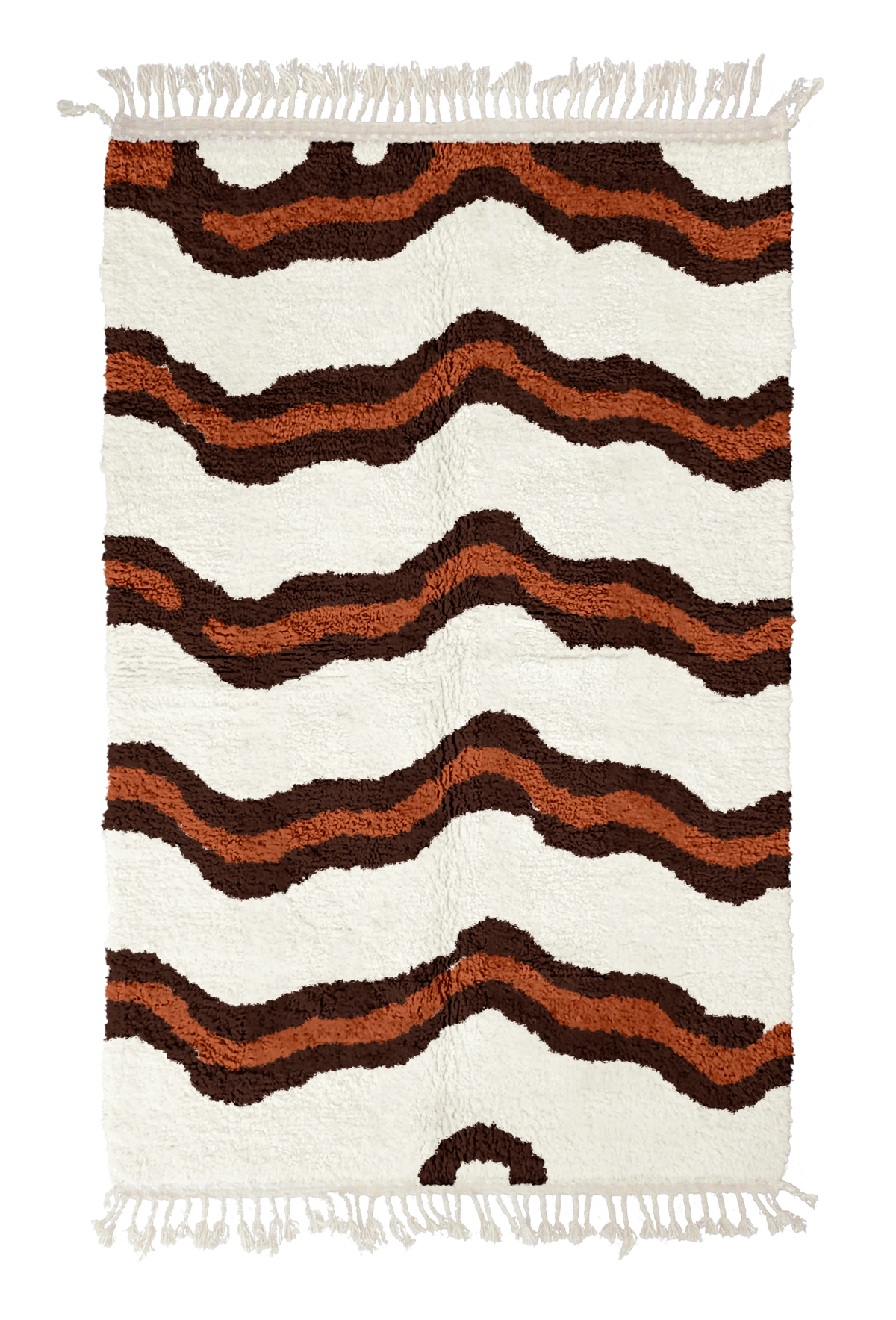 Twin Tide wavy wool rug, dark brown waves and terracotta lines on cream, full view