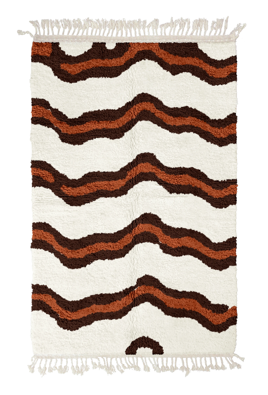 Twin Tide wavy wool rug, dark brown waves and terracotta lines on cream, full view
