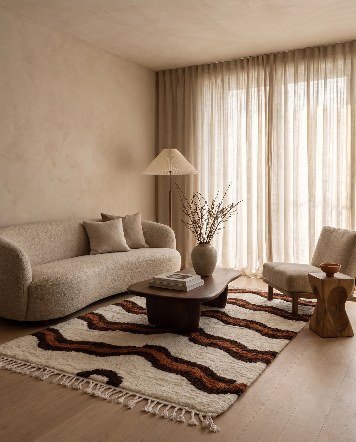 Brown, Terracotta and Cream wavy wool rug in a furnished room